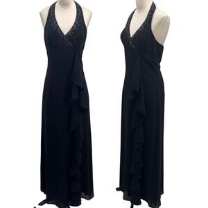Vintage Y2k Rhinestone Halter Ball Gown V Neck Surplice Ruffle Front Black 4